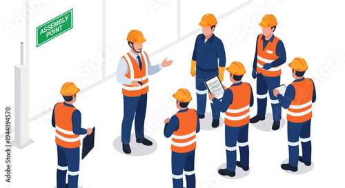 Construction workers in safety gear having a team meeting on site.