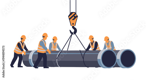 Construction workers installing large pipeline sections with a crane hook.
