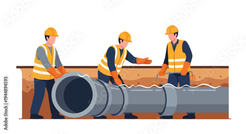 Construction workers installing large water pipe underground.