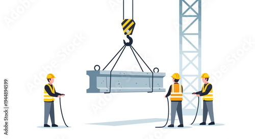 Construction workers operating a crane to lift a heavy beam.