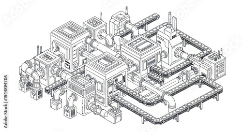 Detailed Isometric Illustration of a Complex Industrial Factory Structure.