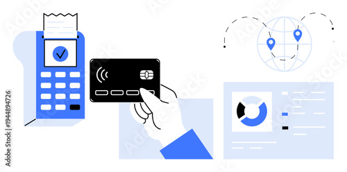 Contactless payment. A credit card held near a payment terminal for wireless payment. Contactless payment streamlining global transactions. For finance, banking, e-commerce, technology, analytics