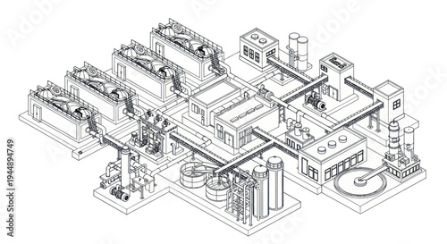 Detailed Isometric Outline Drawing of a Modern Industrial Plant.