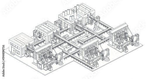 Detailed isometric line drawing of industrial machinery and interconnected piping system.