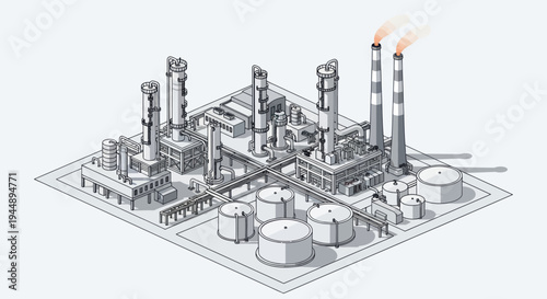 Detailed isometric sketch of an industrial oil refinery complex.