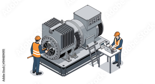 Engineers performing maintenance on a large industrial generator.