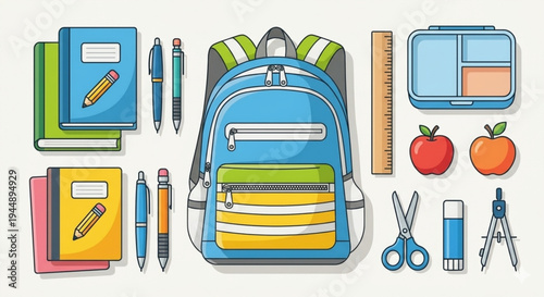 Flat Lay Illustration of School Backpack with Educational Supplies and Stationery