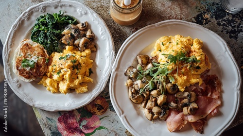 Two people's breakfast plates, viewed from above, feature scrambled eggs, leafy greens, ham, and a cream cheese sandwich with fried mushrooms.