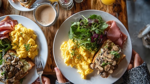 Two people's breakfast plates, viewed from above, feature scrambled eggs, leafy greens, ham, and a cream cheese sandwich with fried mushrooms.