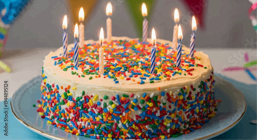 Festive Delight: A delectable cake adorned with colorful sprinkles and a constellation of lit candles, embodying joy, celebration, and cherished moments.