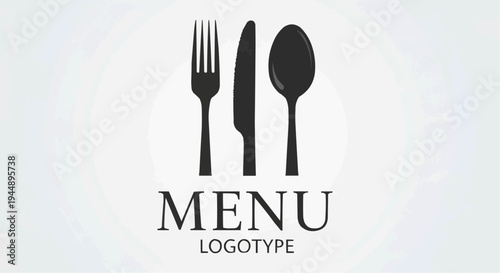 Culinary Trio: A minimalist design showcases a fork, knife, and spoon in perfect alignment, inviting viewers to savor the simplicity of the dining experience, the image featuring menu typography.