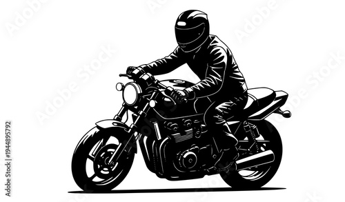 Biker riding motorcycle silhouette vector with helmeted rider isolated on transparent background