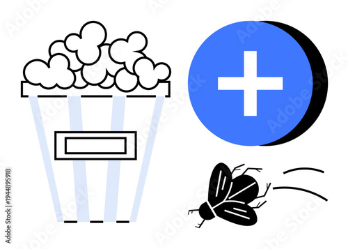 Popcorn. Vector elements show popcorn, a medical plus symbol, and a fly in motion. Popcorn connects food, entertainment, and leisure. Great for cinema, health and pest control concepts