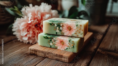 Handmade Floral Soap Bars Stacked on Wooden Board in Rustic Setting