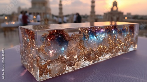 Decorative Resin Block Containing Glittering Crystals and Colored Orbs on Rooftop Terrace at Sunset