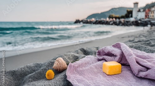 Folded Striped Towel and Soap Resting on Sandy Beach Near Seashell and Flower