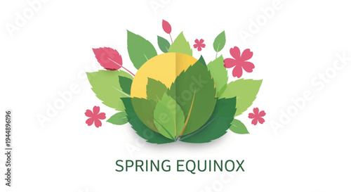 Flat design illustration of a spring equinox concept with blooming flowers, green leaves, and a stylized sun, symbolizing the day and night equal concept in a seasonal change spring design.