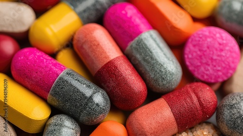 Colorful Assorted Capsules and Tablets Close Up on Neutral Background