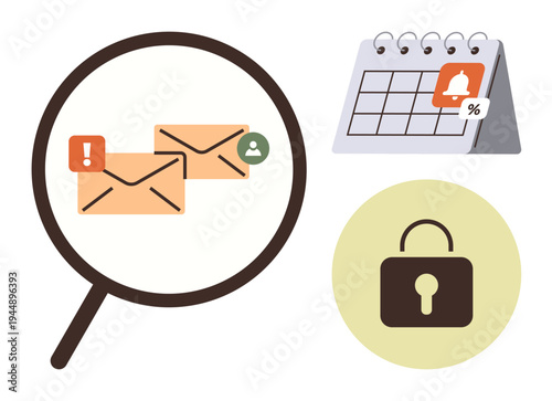 Cybersecurity, email monitoring, identity protection, task organization, secure communication, deadline alerts. Magnifying glass over emails, padlock and calendar with notification. Cybersecurity