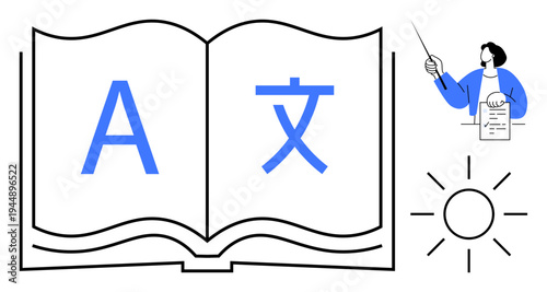 Open book featuring large characters from different languages, teacher holding pointer and document, minimal sun icon. Ideal for education, language learning, teaching, diversity, self-improvement
