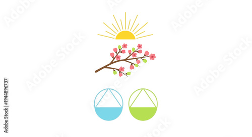 Flat design illustration of a cherry blossom branch under a sunny spring equinox scene with a day and night equal concept and blooming flowers.