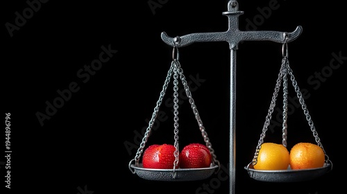 Wet Red Apple and Orange Fruit Balanced on Vintage Metal Scale in Dark Studio