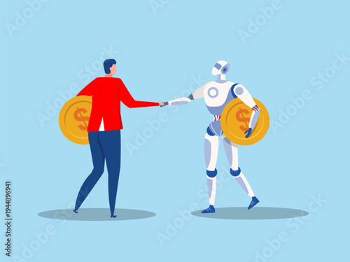  robot trading bot holding golden currency  coin with businessman investor.  investment growth  Fintech artificial intelligence finance concept