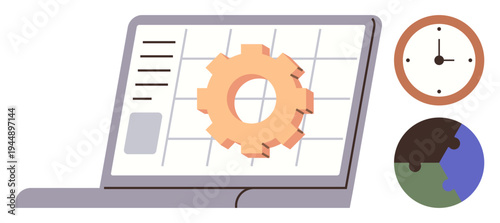 Workflow, time management, global productivity, business operations, planning, efficiency. Gear on a laptop screen with a clock and globe. Workflow and time management concept