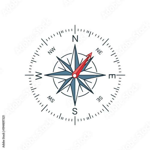 Compass with Red Needle Pointing North Direction.