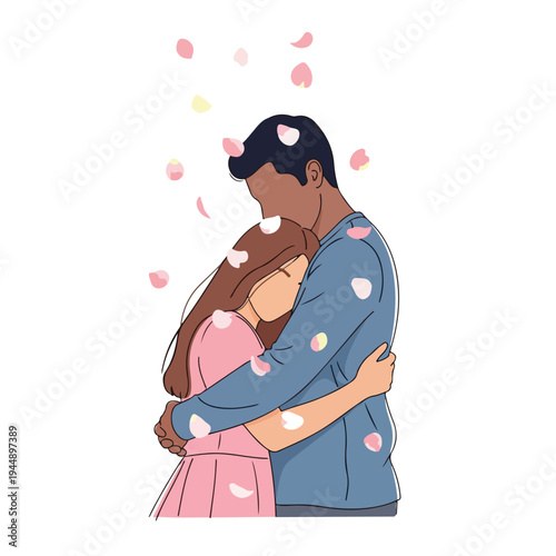 Couple Embracing with Falling Petals Around.
