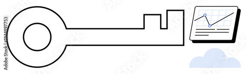 Large outlined key beside dashboard with upward growth chart above cloud. Ideal for security, data access, analytics, innovation, cloud technology, success, and progress. A simple flat metaphor