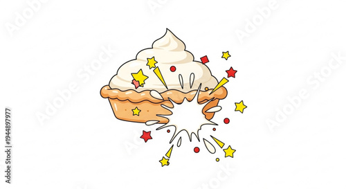 Delicious pie with whipped cream exploding with colorful stars and confetti
