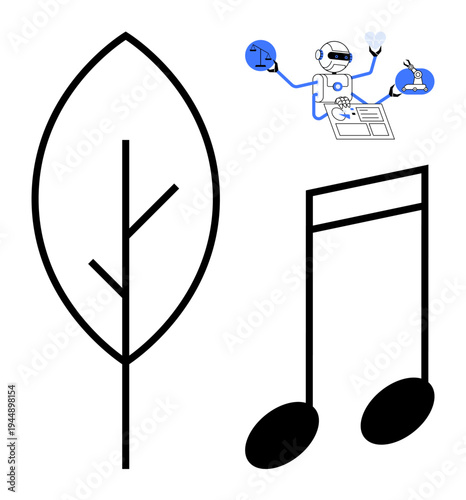Sustainability, creativity, innovation, technology, research, science education. Minimalistic design a leaf, a musical note and a robot conducting scientific activities. Sustainability