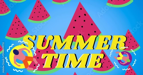 SUMMER TIME text appearing watermelon slices entering from edges and drifting to form summer card