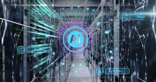 AI badge receiving Prompt input, expanding rings and nodes, overlaying racks and mapping tech flow