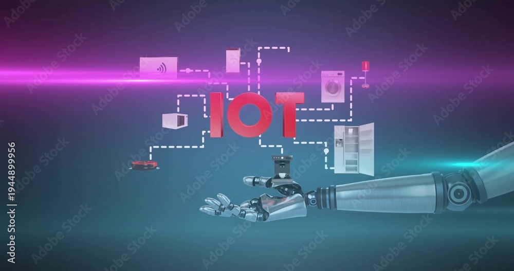 Fototapeta premium Reaching metallic robotic arm presenting IOT and dashed lines and device icons at studio, copy spa