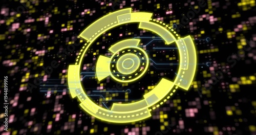 Glowing yellow circular HUD hovering over pixel field, showing rings, blue circuit traces