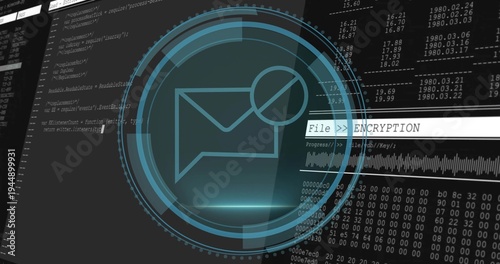 Projecting teal HUD with envelope badge glowing on security monitor, showing File  ENCRYPTION