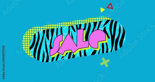 Showing zebra-striped capsule displaying bold pink SALE text on cyan, with halftone dot border