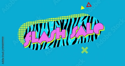 Featuring pill-shaped banner displaying neon FLASH SALE letters on solid teal canvas, zebra stripes