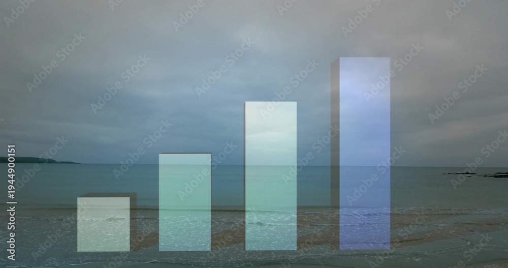 Obraz premium Rising four translucent bars revealing sea through pastel faces on wet sand, shallow ripples