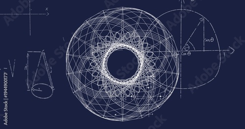 Canvas Print Displaying torus centered on navy blueprint showing ? semicircle with sin or cos