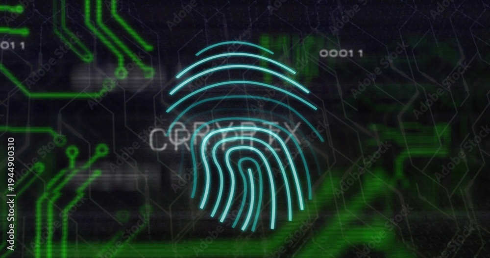 Fototapeta premium Showing glowing-cyan fingerprint-hologram on system UI hex-mesh neon-traces CRYPTO00011 scan-flares