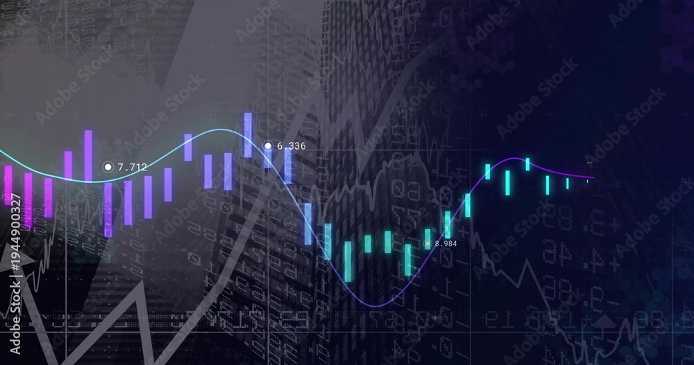 Naklejka premium Chart showing candlestick bars, glowing spline on screen after ticker update with numeric labels