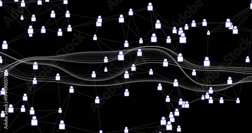 Fotografija Network avatars routing inbound data pulse on black dotted band weaving through