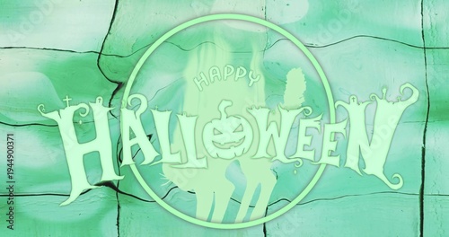 Displaying centered circular Halloween emblem on painted wooden planks, featuring jack-o'-lantern O