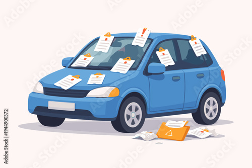 Vector illustration of a blue hatchback car covered in numerous traffic tickets and parking fines, representing legal violations, financial debt, vehicle impoundment, and driving penalties.