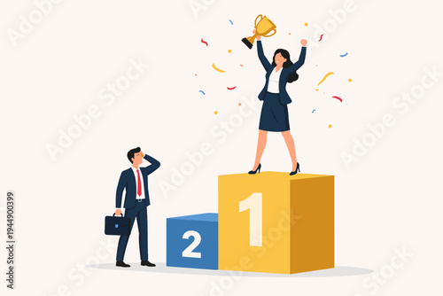 Successful Businesswoman Standing on First Place Podium Holding Gold Trophy Celebrating Victory Over Male Competitor, Gender Equality, Career Achievement and Leadership Concept Vector Illustration.