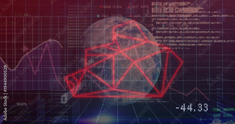 Fototapeta premium Rotating Earth-like globe revealing red network in cyber dashboard, with charts, code and -44