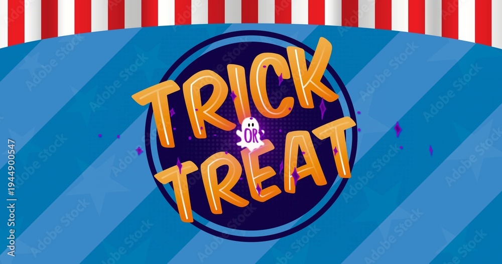 Obraz premium Displaying central circular badge showing TRICK OR TREAT text and ghost on blue striped banner